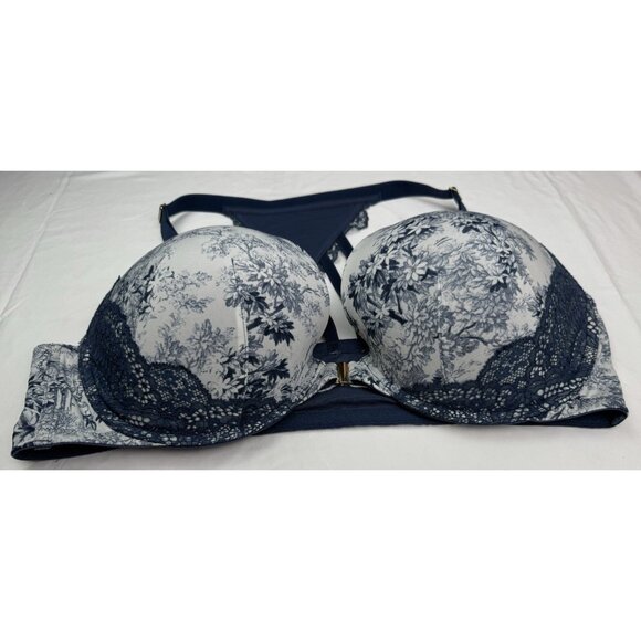 CACIQUE Boost Plunge Blue Floral Bra Front‎ Closure Underwire Lace Racerback 44D - Picture 3 of 13